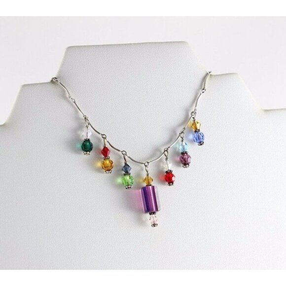 Sterling Silver Beaded Multi Color Necklace 16 inch Chain - Picture 4 of 10